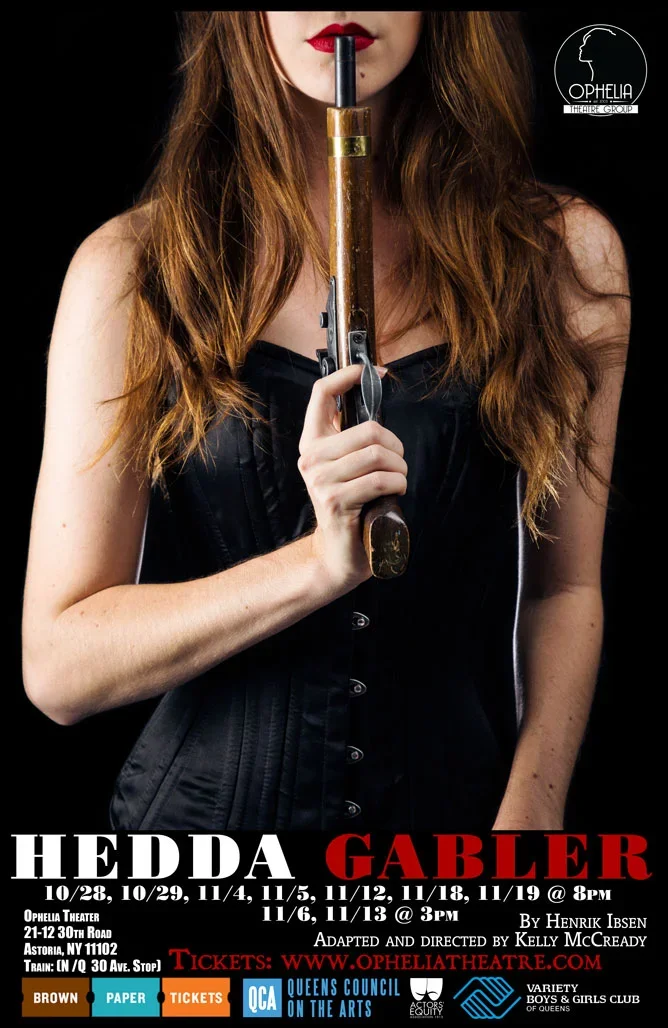 Hedda Gabler poster for Ophelia Theater, showing a woman with a rifle and the production’s performance dates and credits