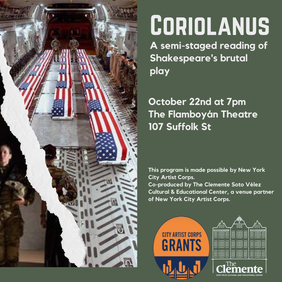 Coriolanus event poster — flag-draped coffins in a military aircraft hold, with event details for October 22 at The Flamboyán Theatre
