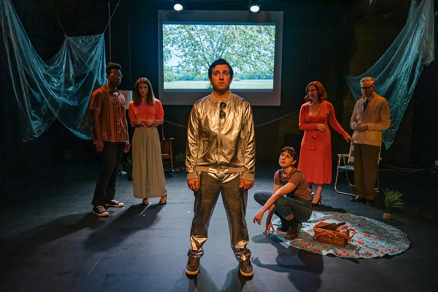 Cherry Jam production photo — the full six-person cast